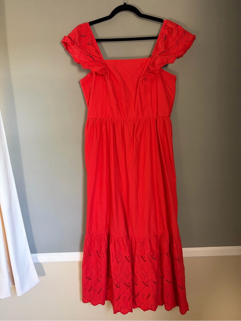 St. John’s Bay Red Eyelet Midi Dress Flutter Sleeve Smocked Cotton Ruffle